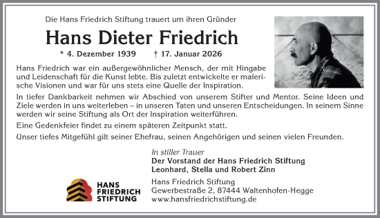 Traueranzeige von Hans Dieter Friedrich von Allgäuer Anzeigeblatt