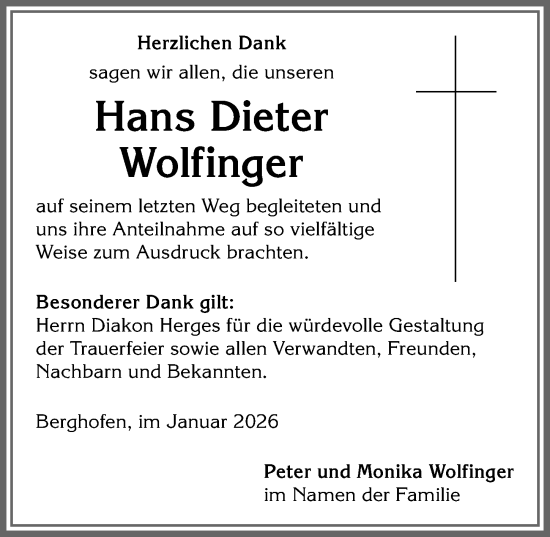 Traueranzeige von Hans Dieter Wolfinger von Allgäuer Anzeigeblatt
