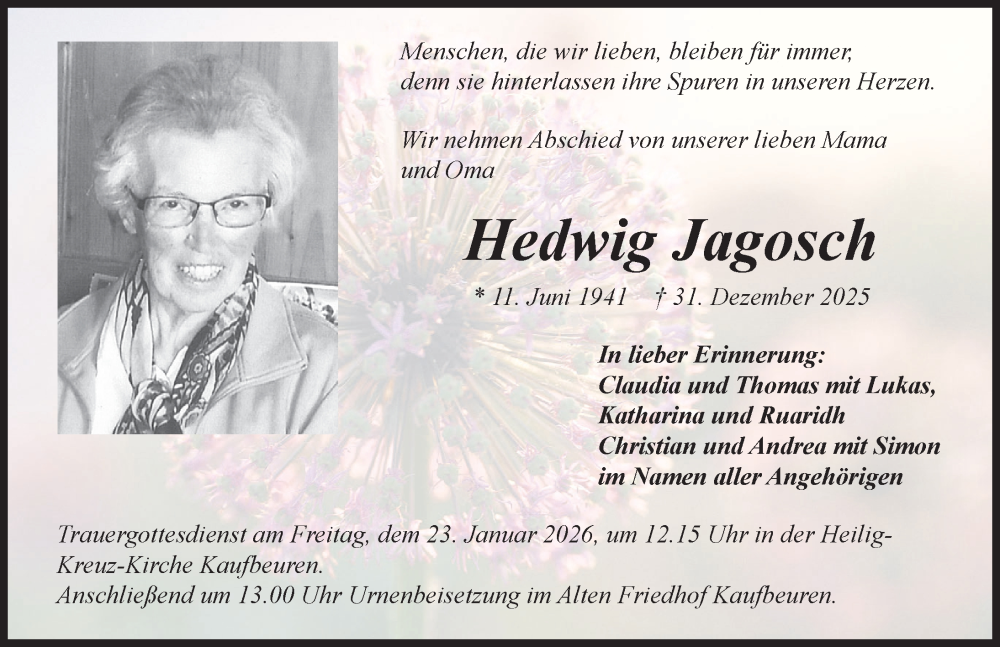  Traueranzeige für Hedwig Jagosch vom 17.01.2026 aus Allgäuer Zeitung, Kaufbeuren/Buchloe