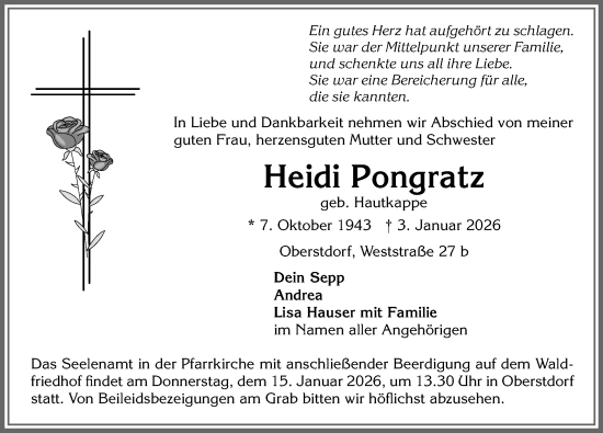 Traueranzeige von Heidi Pongratz von Allgäuer Anzeigeblatt
