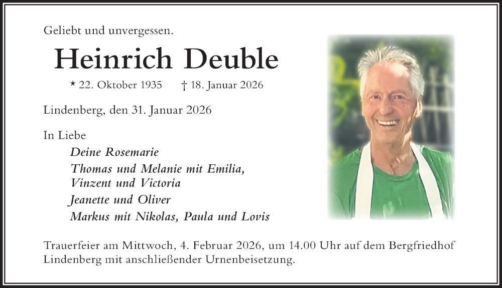  Traueranzeige für Heinrich Deuble vom 31.01.2026 aus Der Westallgäuer