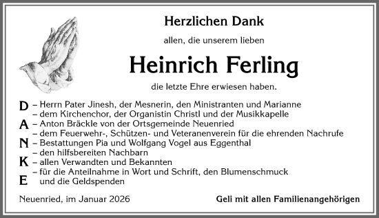 Traueranzeige von Heinrich Ferling von Allgäuer Zeitung, Marktoberdorf