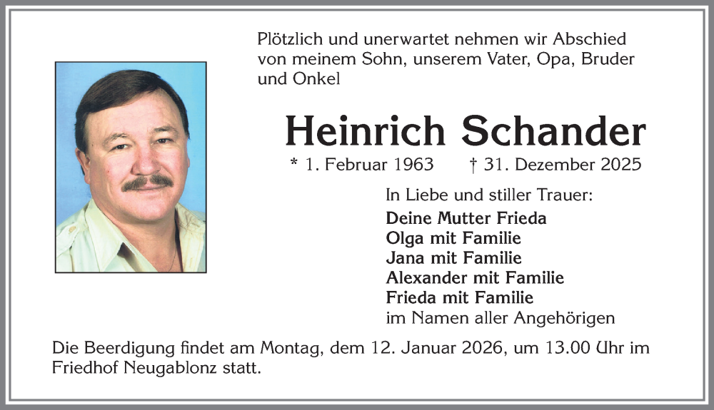  Traueranzeige für Heinrich Schander vom 10.01.2026 aus Allgäuer Zeitung, Kaufbeuren/Buchloe