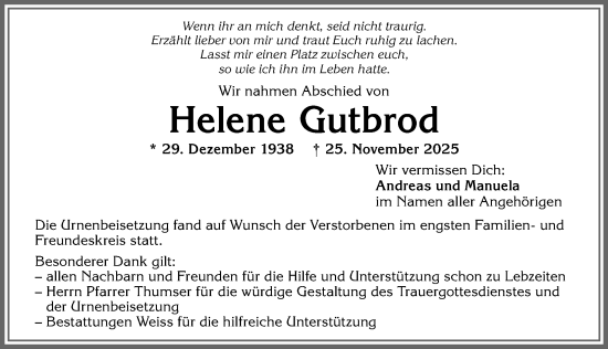 Traueranzeige von Helene Gutbrod von Allgäuer Zeitung,Kempten