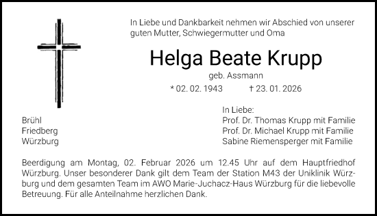 Traueranzeige von Helga Beate Krupp von Allgäuer Zeitung,Kempten