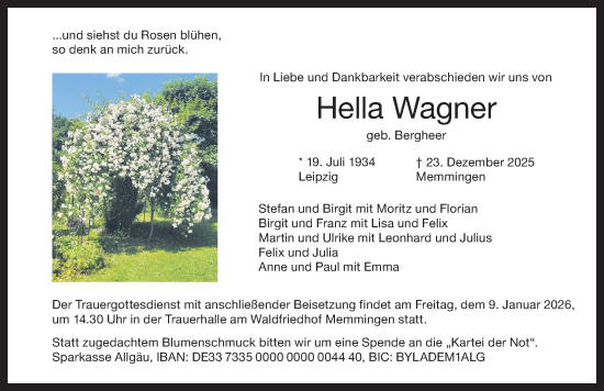 Traueranzeige von Hella Wagner von Memminger Zeitung
