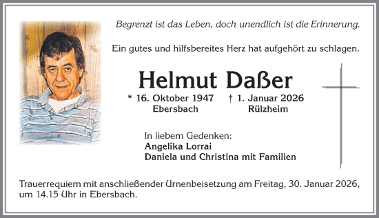 Traueranzeige von Helmut Daßer von Allgäuer Zeitung, Marktoberdorf