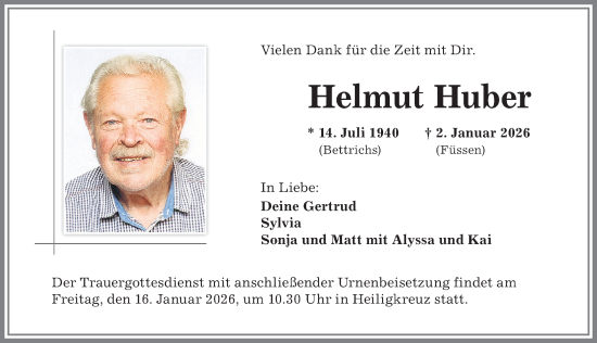Traueranzeige von Helmut Huber von Allgäuer Zeitung,Kempten