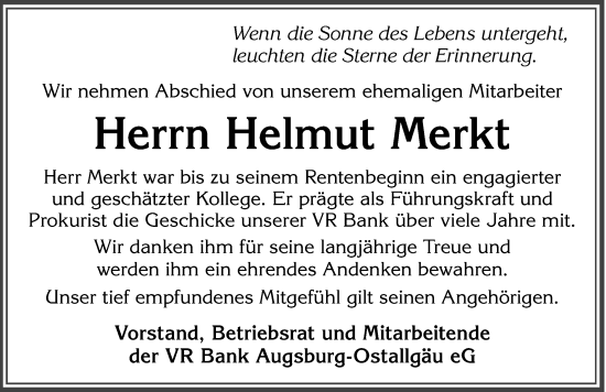 Traueranzeige von Helmut Merkt von Allgäuer Zeitung, Kaufbeuren/Buchloe