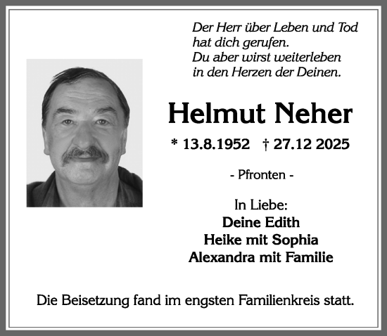 Traueranzeige von Helmut Neher von Allgäuer Zeitung, Füssen