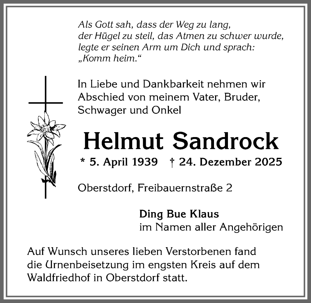  Traueranzeige für Helmut Sandrock vom 31.01.2026 aus Allgäuer Anzeigeblatt