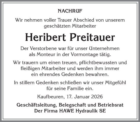 Traueranzeige von Heribert Preitauer von Allgäuer Zeitung, Kaufbeuren/Buchloe