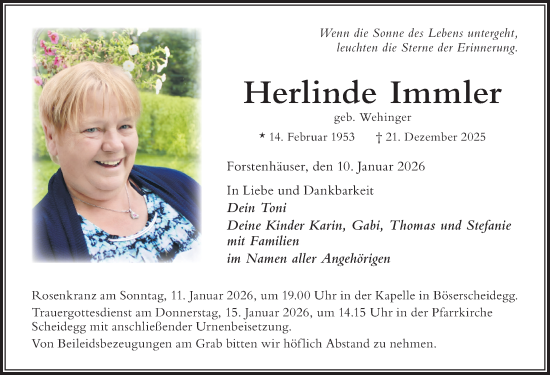 Traueranzeige von Herlinde Immler von Der Westallgäuer