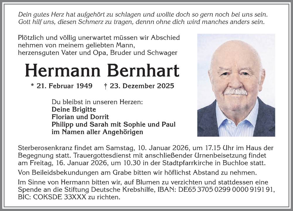  Traueranzeige für Hermann Bernhart vom 09.01.2026 aus Allgäuer Zeitung, Kaufbeuren/Buchloe