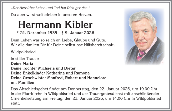 Traueranzeige von Hermann Kibler von Allgäuer Zeitung,Kempten