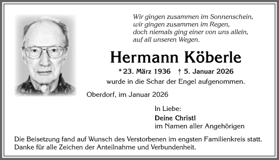 Traueranzeige von Hermann Köberle von Allgäuer Zeitung,Kempten