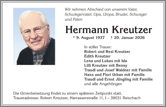 Traueranzeige von Hermann Kreutzer von Allgäuer Zeitung, Kaufbeuren/Buchloe