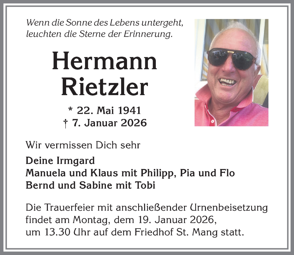  Traueranzeige für Hermann Rietzler vom 14.01.2026 aus Allgäuer Zeitung,Kempten
