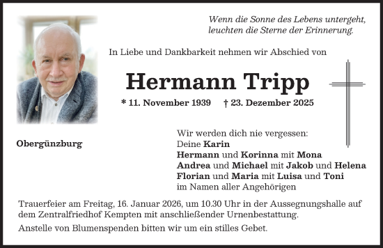 Traueranzeige von Hermann Tripp von Allgäuer Zeitung, Marktoberdorf