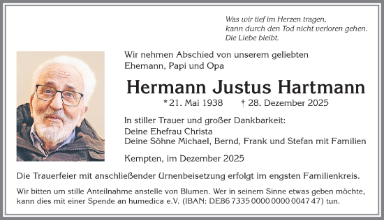 Traueranzeige von Hermann Justus Hartmann von Allgäuer Zeitung,Kempten