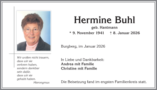 Traueranzeige von Hermine Buhl von Allgäuer Anzeigeblatt