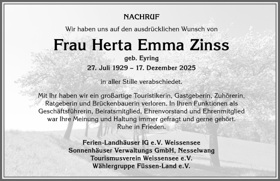 Traueranzeige von Herta Emma Zinss von Allgäuer Zeitung, Füssen