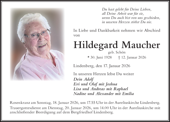 Traueranzeige von Hildegard Maucher von Der Westallgäuer