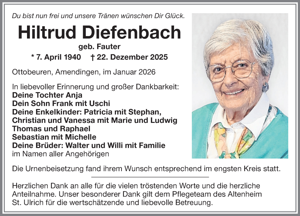  Traueranzeige für Hiltrud Diefenbach vom 17.01.2026 aus Memminger Zeitung