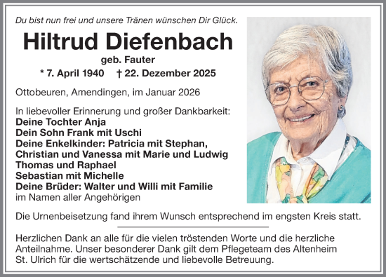 Traueranzeige von Hiltrud Diefenbach von Memminger Zeitung