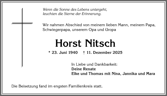 Traueranzeige von Horst Nitsch von Allgäuer Zeitung,Kempten