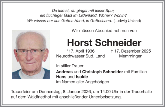 Traueranzeige von Horst Schneider von Memminger Zeitung