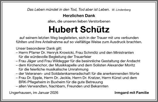 Traueranzeige von Hubert Schütz von Memminger Zeitung