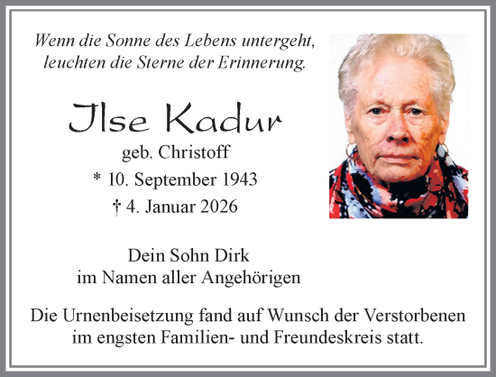 Traueranzeige von Ilse Kadur von Allgäuer Zeitung, Marktoberdorf