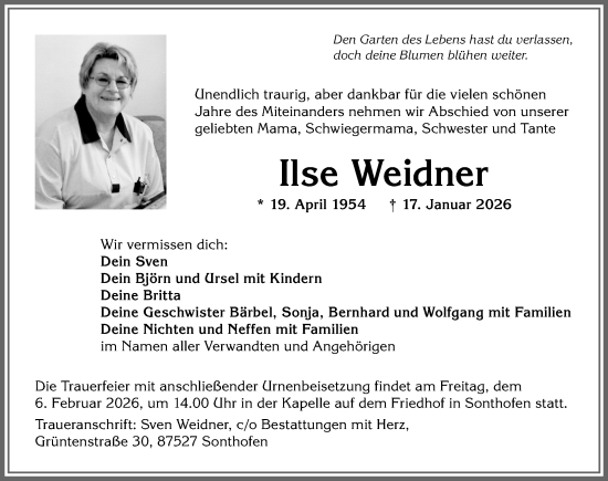 Traueranzeige von Ilse Weidner von Allgäuer Anzeigeblatt