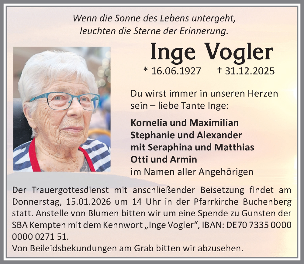  Traueranzeige für Inge Vogler vom 10.01.2026 aus Allgäuer Zeitung,Kempten