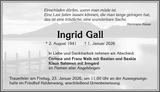 Traueranzeige von Ingrid Gall von Allgäuer Zeitung,Kempten