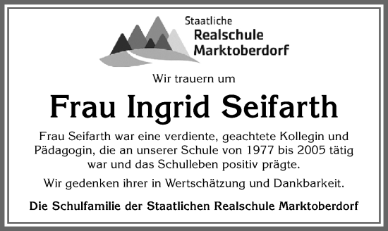 Traueranzeige von Ingrid Seifarth von Allgäuer Zeitung, Marktoberdorf