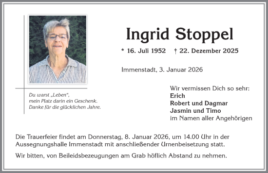 Traueranzeige von Ingrid Stoppel von Allgäuer Anzeigeblatt