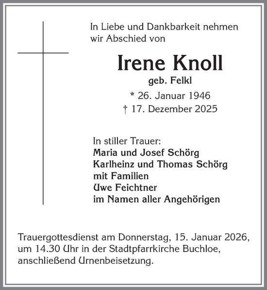 Traueranzeige von Irene Knoll von Allgäuer Zeitung, Kaufbeuren/Buchloe