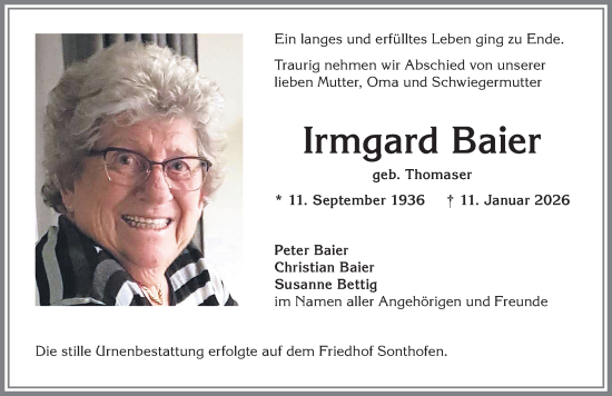 Traueranzeige von Irmgard Baier von Allgäuer Anzeigeblatt