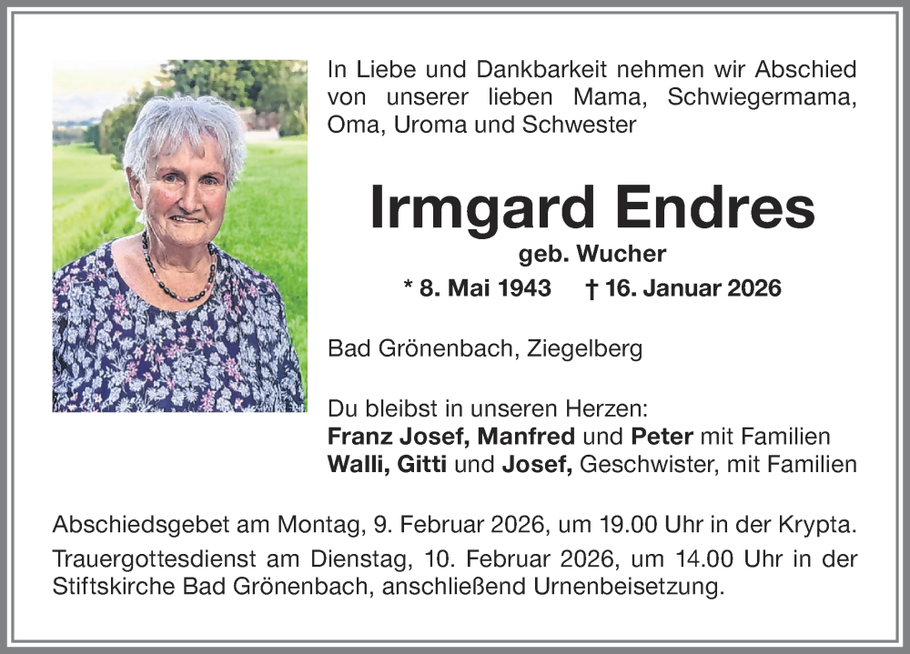  Traueranzeige für Irmgard Endres vom 31.01.2026 aus Memminger Zeitung