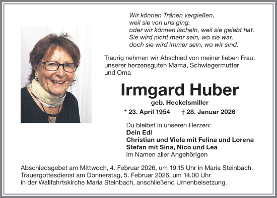 Traueranzeige von Irmgard Huber von Memminger Zeitung