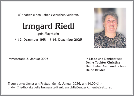 Traueranzeige von Irmgard Riedl von Allgäuer Anzeigeblatt