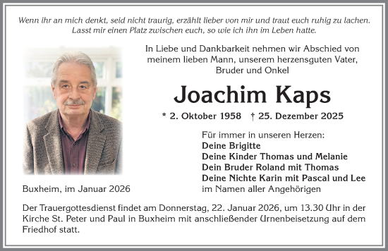 Traueranzeige von Joachim Kaps von Memminger Zeitung