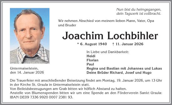Traueranzeige von Joachim Lochbihler von Allgäuer Anzeigeblatt