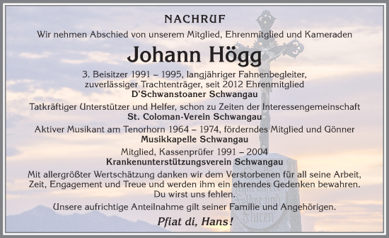 Traueranzeige von Johann Högg von Allgäuer Zeitung, Füssen