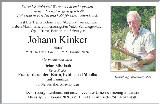 Traueranzeige von Johann Kinker von Allgäuer Zeitung, Füssen