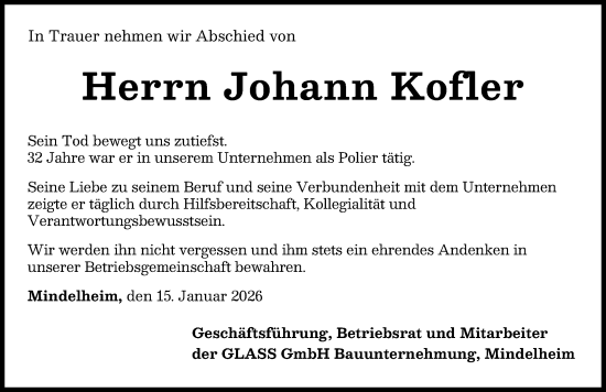 Traueranzeige von Johann Kofler von Memminger Zeitung