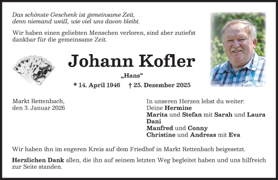 Traueranzeige von Johann Kofler von Memminger Zeitung