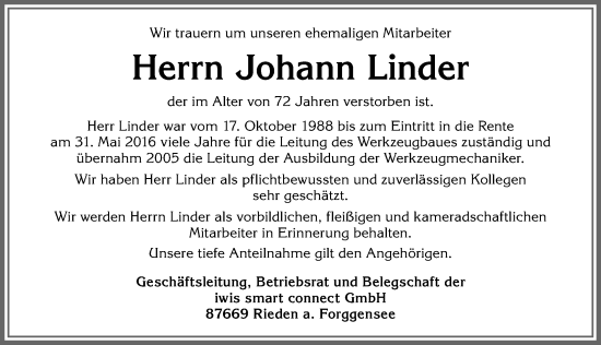 Traueranzeige von Johann Linder von Allgäuer Zeitung, Marktoberdorf